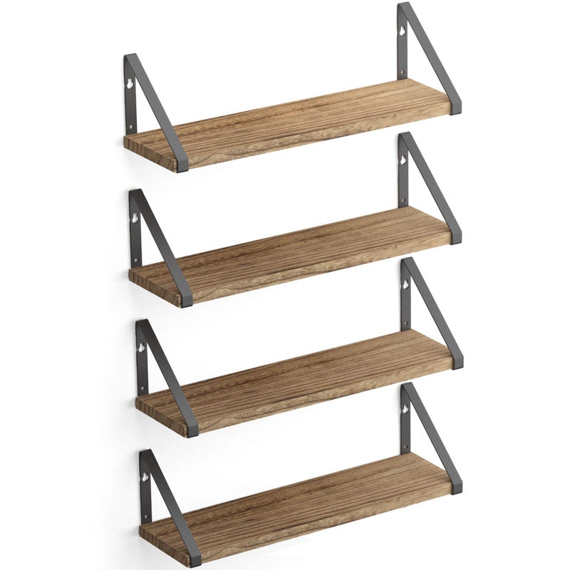 Wallniture Ponza Floating Shelves Wall Mounted Set of 4, Wall Shelves for Bedroom, Bathroom, Living Room, Kitchen, Natural Burnt Rustic Wood Board with Metal Floating Shelf Bracket - Image 1